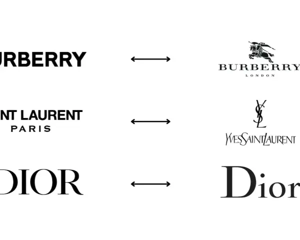 Loghi e monogrammi famosi: Burberry, Saint Laurent Paris e Dior, con le loro icone distintive.
