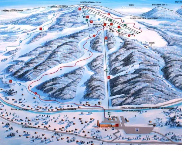 Mapa narciarska Palenicy Szczawnica. Widok na stoki, trasy, wyciągi i infrastrukturę. Sprawdź palenica szczawnica cennik.