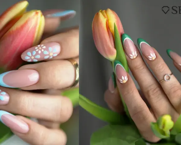 Manicure con fiori stilizzati e french colorato. Semipermanente unghie idee primaverili.