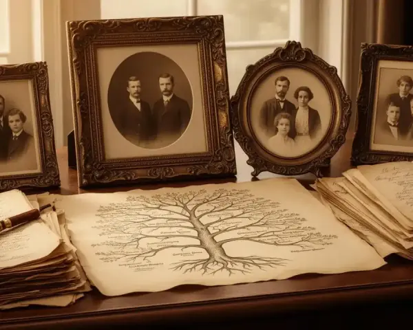 Un arbre généalogique alsacien, entouré de vieilles photos de famille et de documents jaunis, évoque le passé.