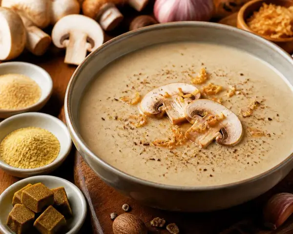 Un réconfortant velouté de champignon, garni de fines tranches et de croquant. Autour, des ingrédients frais et des cubes de bouillon promettent une saveur intense.