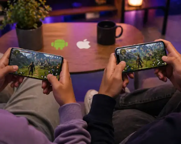Dos personas juegan en sus teléfonos, inmersas en uno de los mejores RPG. El logo de Android y Apple en la mesa sugieren que la aventura está disponible para todos.