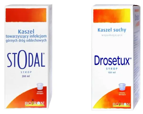 Dwa syropy na kaszel: Stodal i Drosetux. Stodal na kaszel towarzyszący infekcjom, Drosetux na kaszel suchy. Oba zawierają dekstrometorfan.