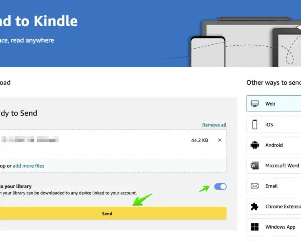 Przesyłanie plików na Kindle. Wybierz "Web" lub inne opcje, by wysłać dokumenty.