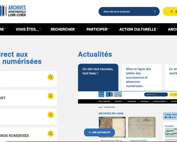 Le site des archives du Loir-et-Cher propose un accès direct aux archives numérisées : état civil, recensement, images et fonds numérisés.