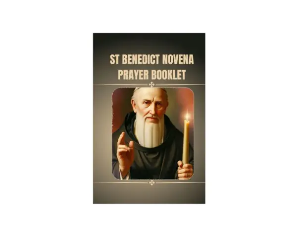 Cover of a "St Benedict Novena Prayer Booklet" featuring a portrait of St. Benedict holding a candle and raising his hand in blessing.