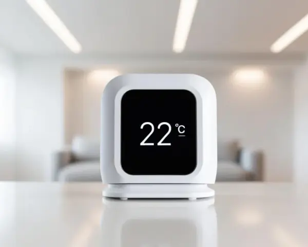 Nowoczesny termometr pokazuje 22°C. Urządzenie pomaga monitorować temperaturę, co jest kluczowe dla oceny współczynnika przenikania ciepła w domu.