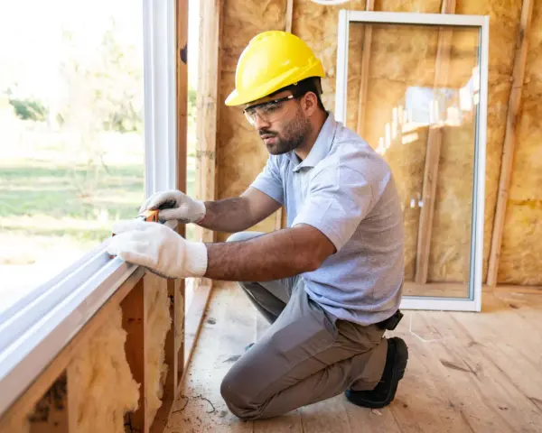 Un ouvrier en casque jaune travaille sur le remplacement de fenêtres dans une maison en construction, mesurant le cadre.