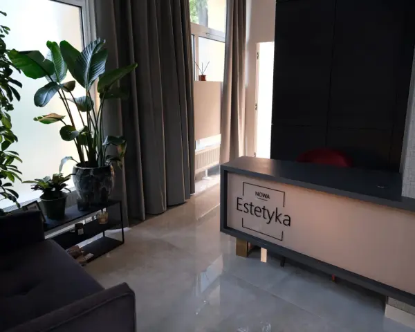 Nowa estetyka Wrocław: nowoczesne wnętrze salonu piękności z roślinami i wygodną sofą.