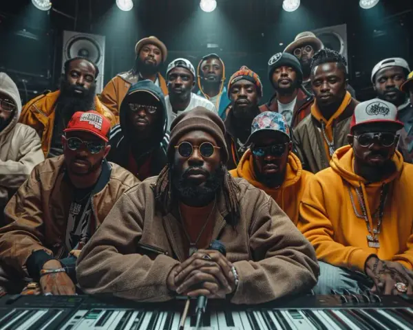 Un groupe d'hommes, représentant les différents styles de rap français, pose dans un studio d'enregistrement.