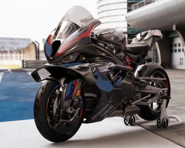 BMW M 1000 RR, najmocniejszy motocykl, gotowy do wyścigu na torze.