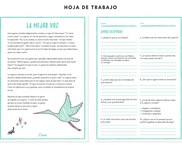 Hoja de trabajo para comprensión lectora 6 primaria. Una fábula sobre una cigarra, un sapo y una garza.