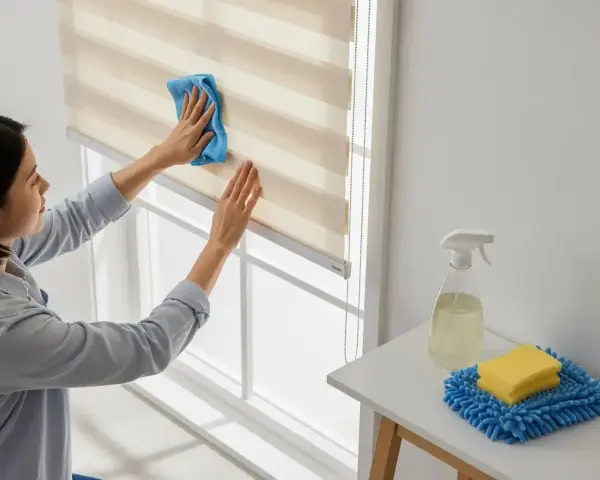 Mujer limpiando estores enrollables con un paño azul. A su lado, un spray y una esponja.