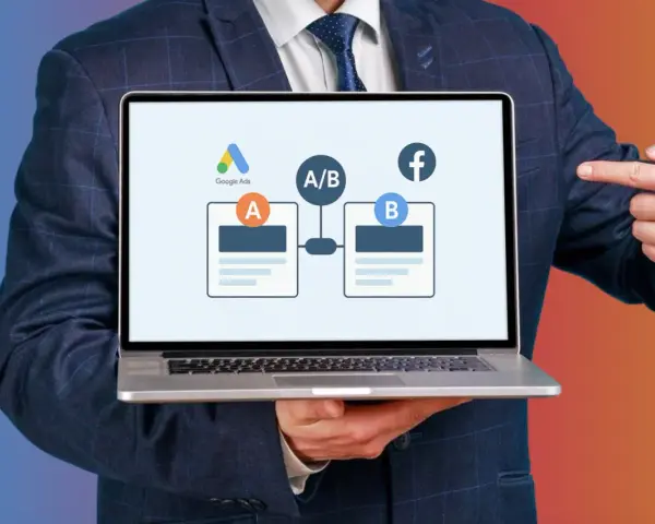 Biznesmen prezentuje test A/B kampanii PPC na laptopie, porównując Google Ads z Facebookiem.