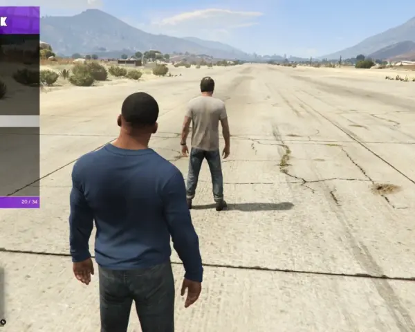 Menu "add task" w grze GTA V z opcją "Fight Ped" i dwoma postaciami na tle pustynnego krajobrazu.