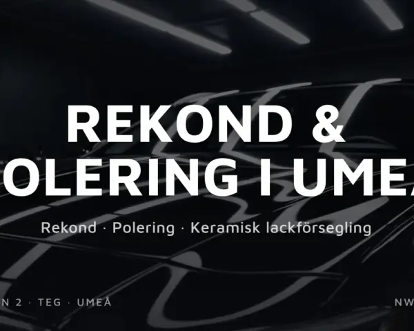 Glansig svart bil med texten "Rekond & Polering i Umeå". NWRECOND erbjuder bilvård, som om din bil vore ny med Turtle Wax.