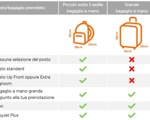 Table showing easyJet's hand luggage rules, with icons for a backpack and suitcase, and checkmarks/crosses indicating allowances.