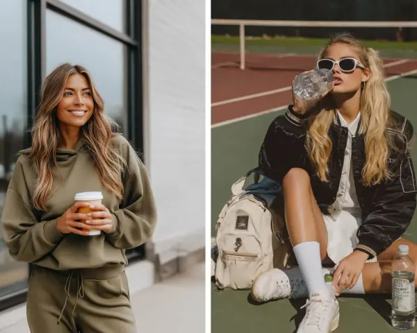 Mujer con look sport chic: una con sudadera verde y café, otra en cancha de tenis con chaqueta y agua.
