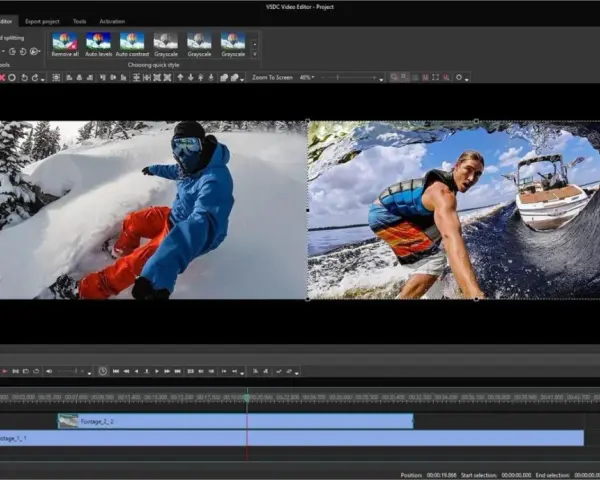 Darmowy edytor wideo VSDC pozwala na tworzenie dynamicznych klipów, łącząc snowboardzistę z narciarzem wodnym.