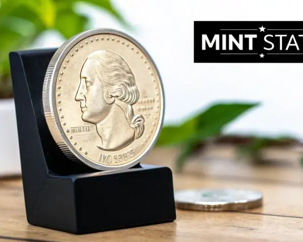 Une pièce de monnaie en or, de profil, est présentée sur un support noir.