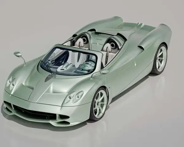 Pagani Huayra Codalunga w kolorze miętowym, z otwartym dachem, prezentuje swoje eleganckie linie i sportowy charakter.