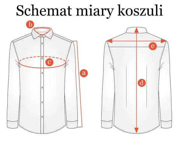 Schemat miary koszuli: obwód kołnierzyka (b), klatki piersiowej (c), długość rękawa (a), długość całkowita (d) i szerokość ramion (e). Jaki to rozmiar XL?