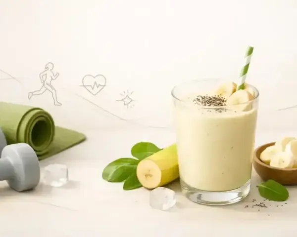 Pyszny koktajl bananowy z nasionami chia, idealny po treningu. Obok leżą hantle i mata do ćwiczeń.