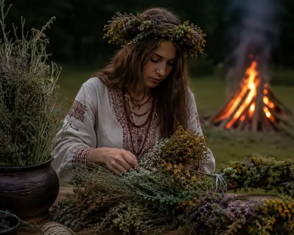 Dziewczyna w wianku z ziół, w tradycyjnej koszuli, przygotowuje bukiety. W tle płonie ognisko, przywołując ducha polskich pieśni ludowych.