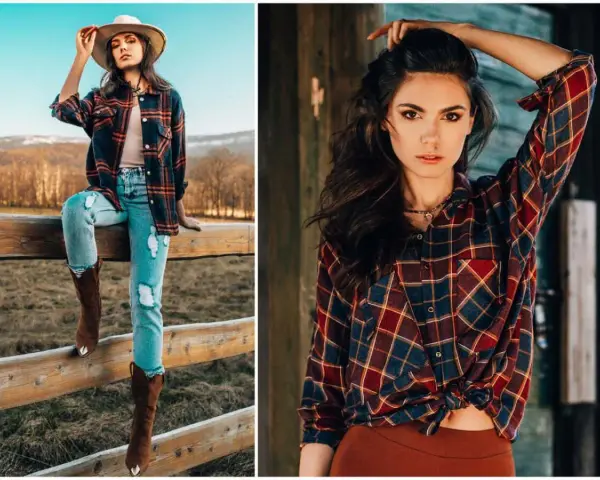 Dziewczyna w kapeluszu i kraciastej koszuli, gotowa na imprezę w stylu country. Długie buty i podarte jeansy dopełniają stylizacji.