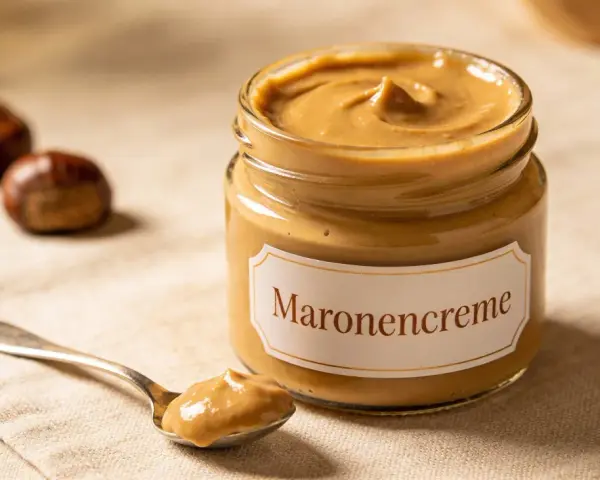 Glas mit Maronencreme, daneben eine Löffelprobe. Perfekt für süße und herzhafte Gerichte – die Maronencreme Verwendung ist vielfältig.