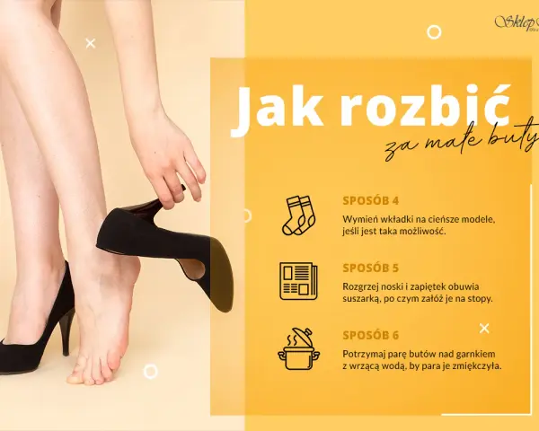 Kobieta przymierza czarne, zamszowe szpilki, pokazując, jak rozciągnąć buty, by były wygodniejsze.
