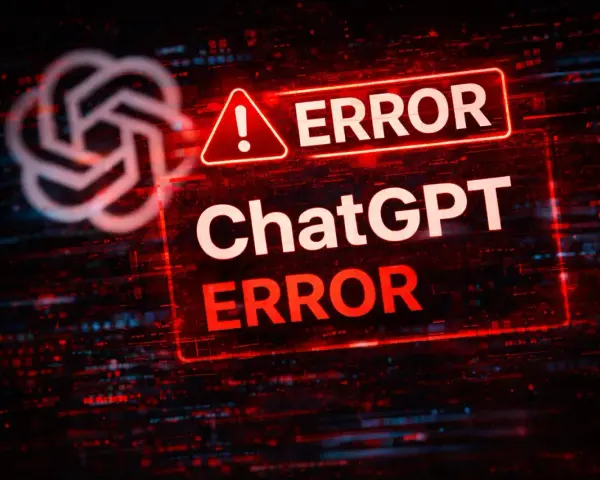Czerwony komunikat "ERROR" na tle cyfrowego szumu i logo ChatGPT. Awaria systemu.