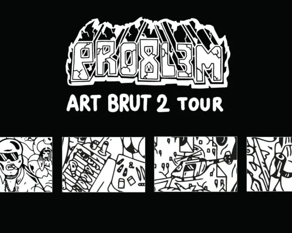 Problem Art Brut 2 Tour. Cztery czarno-białe grafiki w stylu art brut: mężczyzna w okularach i cygarem, grill, helikopter i twarz.