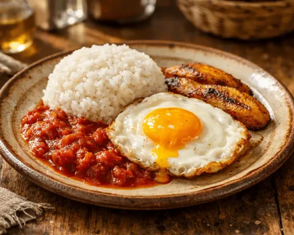 Plato de arroz a la cubana receta: arroz blanco, huevo frito con yema líquida, plátanos maduros fritos y salsa de tomate.