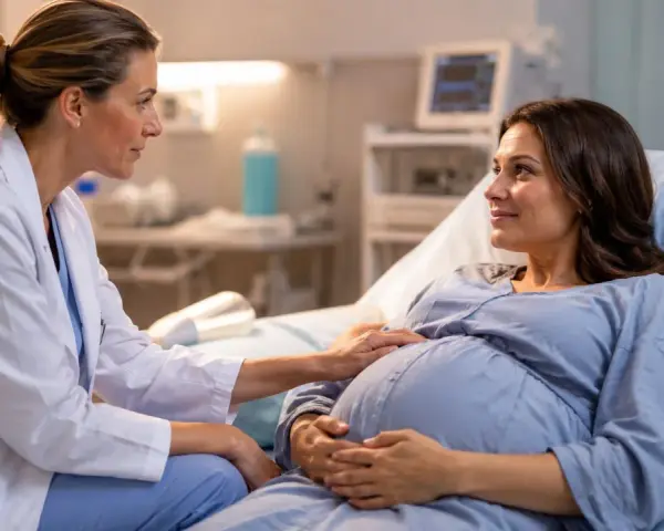 Lekarka z troską dotyka brzucha ciężarnej pacjentki, która leży w szpitalnym łóżku. Rozwarcie do porodu postępuje, a przyszła mama uśmiecha się do lekarki.