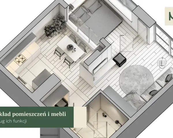 Rozkład mieszkania z kuchnią, jadalnią, sypialnią i salonem, zgodny z zasadami feng shui.