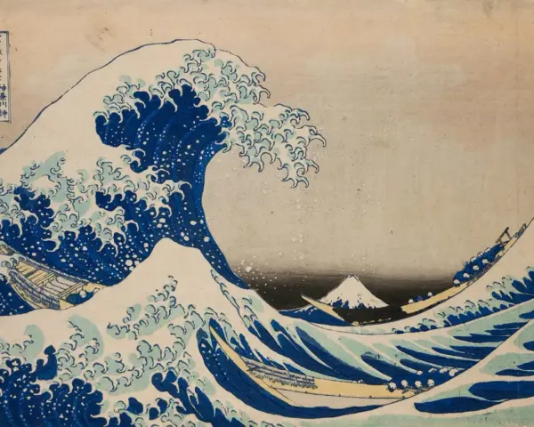 La Grande Vague de Kanagawa, une des plus célèbres oeuvres d'art connues, montre des bateaux luttant contre une vague immense, avec le Mont Fuji en arrière-plan.