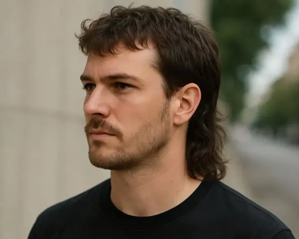 Mężczyzna z charakterystyczną fryzurą mullet, z krótkimi włosami z przodu i dłuższymi z tyłu, patrzy w bok.