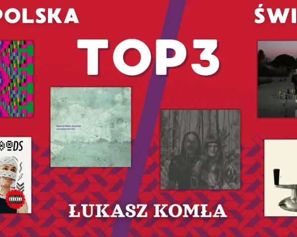 Okładki płyt: #INDAWOODS, Radical Polish Ansambl, zdjęcie z lasu, dziewczyna z butelkami, mechaniczne urządzenie. Łukasz Komla prezentuje polski folk.