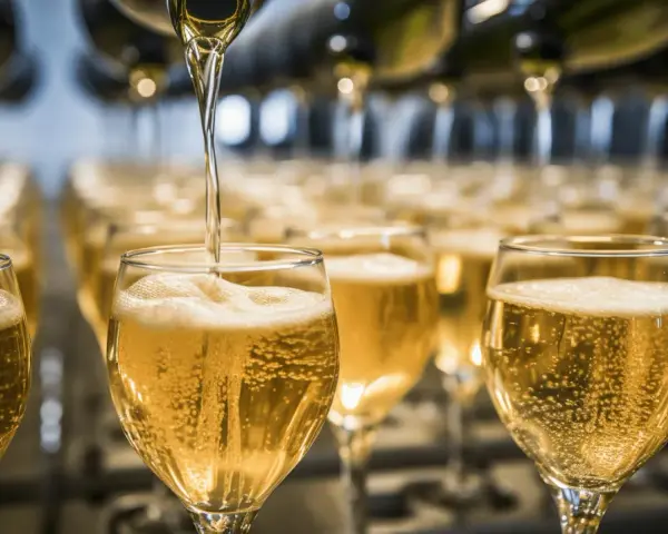 Bubbel hälls upp i glas. En flaska bubbel ger många glas, perfekt för festen!