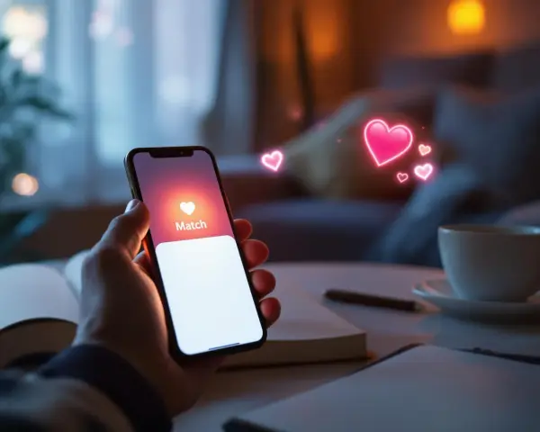 Dłoń trzyma smartfon z ekranem aplikacji randkowej, gdzie widnieje napis "Match" i serduszka. To inspiracja, jak zacząć na Tinderze.