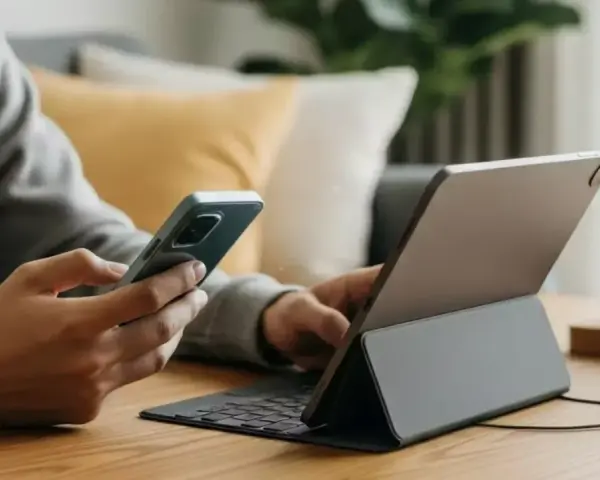 Person verbindet handy mit tablet, um effizient zu arbeiten.