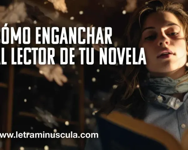 Joven lee un libro, con texto "Cómo enganchar al lector de tu novela". Aprende cómo empezar un libro y cautivar a tus lectores.