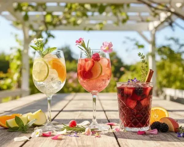 Tre färgglada sangriadrycker med frukt och örter på ett träbord utomhus. Perfekt för ett somrigt sangria recept.