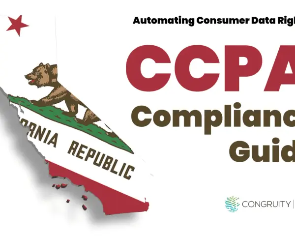 California map with bear, "Automating Consumer Data Rights CCPA Compliance Guide" text. Learn the CCPA meaning and how to comply.