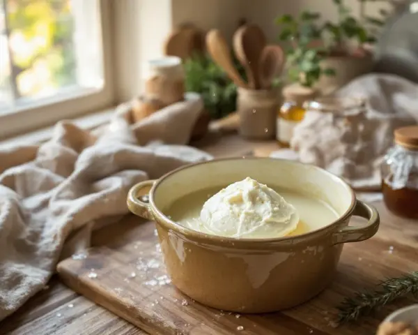Un généreux monticule de fromage blanc faisselle dans un bol, prêt à être dégusté.