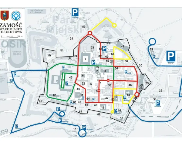 Mapa Zamość starówka z zaznaczonymi parkingami i trasami spacerowymi.