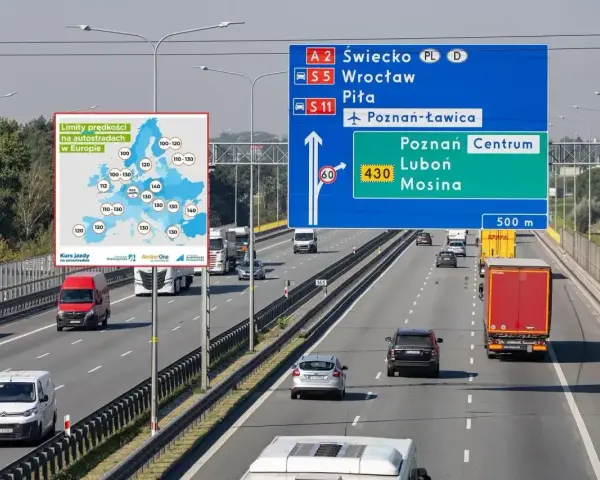 Mapa Europy z limitami prędkości na autostradach i znak drogowy z kierunkami jazdy.