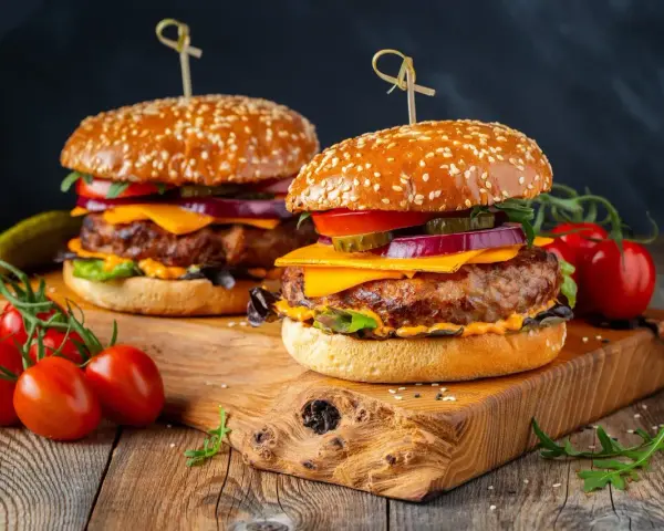 Dwa soczyste burgery z wołowiny, idealne na grilla. Idealne jakie mięso na burgera? Grubo mielona wołowina!