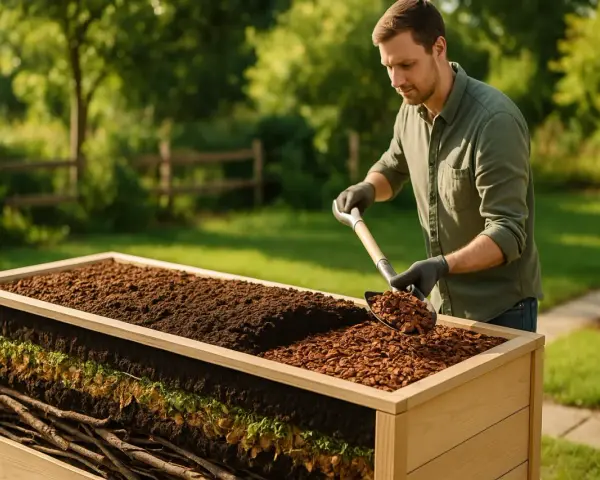 Mann schaufelt rindenmulch ins hochbeet. Die Schichten des Beetes sind sichtbar: Äste, Pflanzenreste, Erde und Mulch.